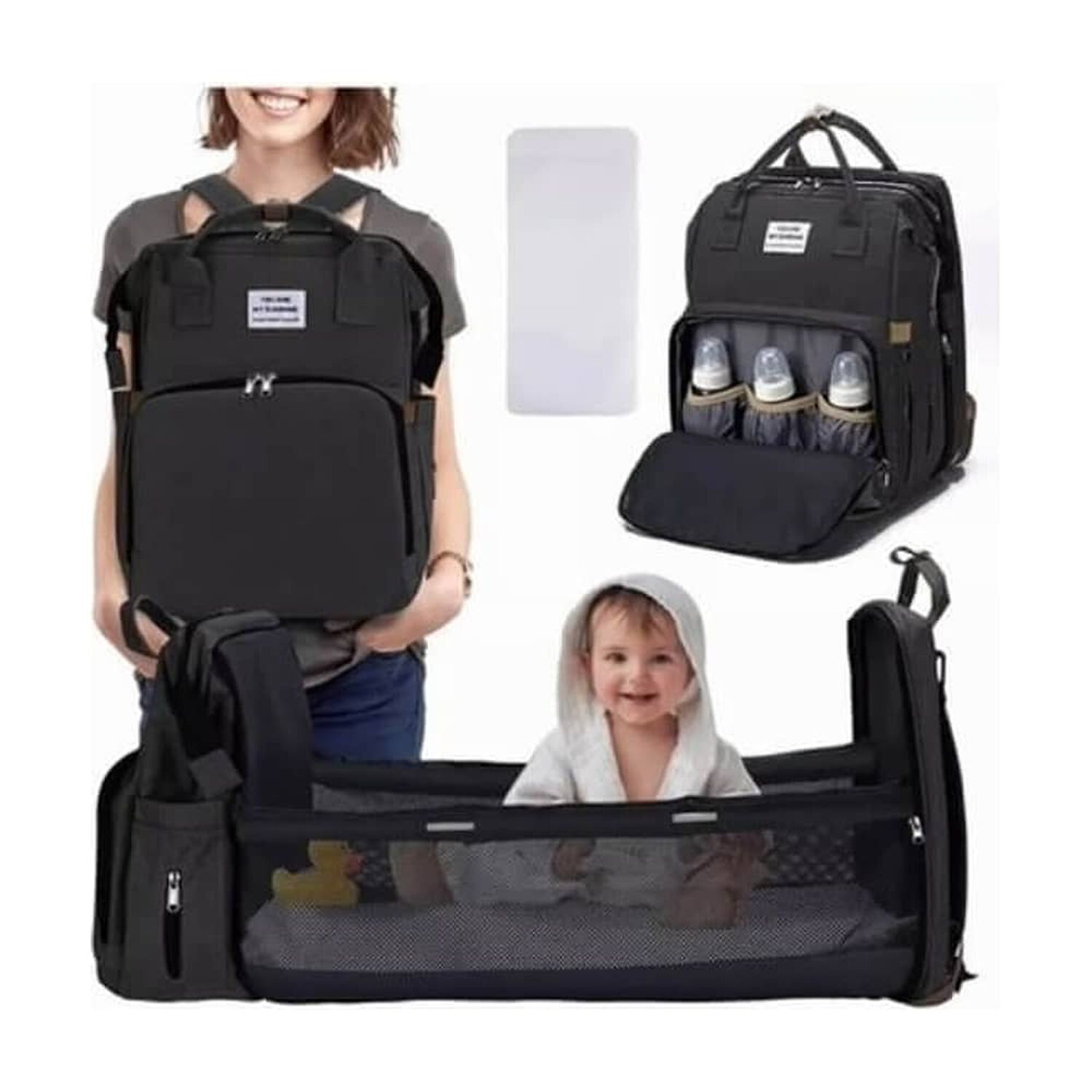 Mochila 3 En 1 Pa&ntilde;alera Cuna Y Mudador Port&aacute;til Para Beb&eacute;s Color Negro image number 0.0