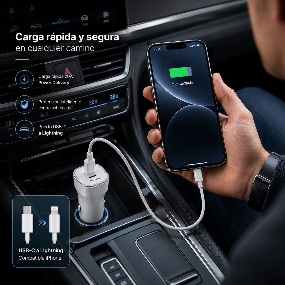 Cargador De Auto 20w Usb-c A Lihtning Compatible Con Iphone image number 4.0