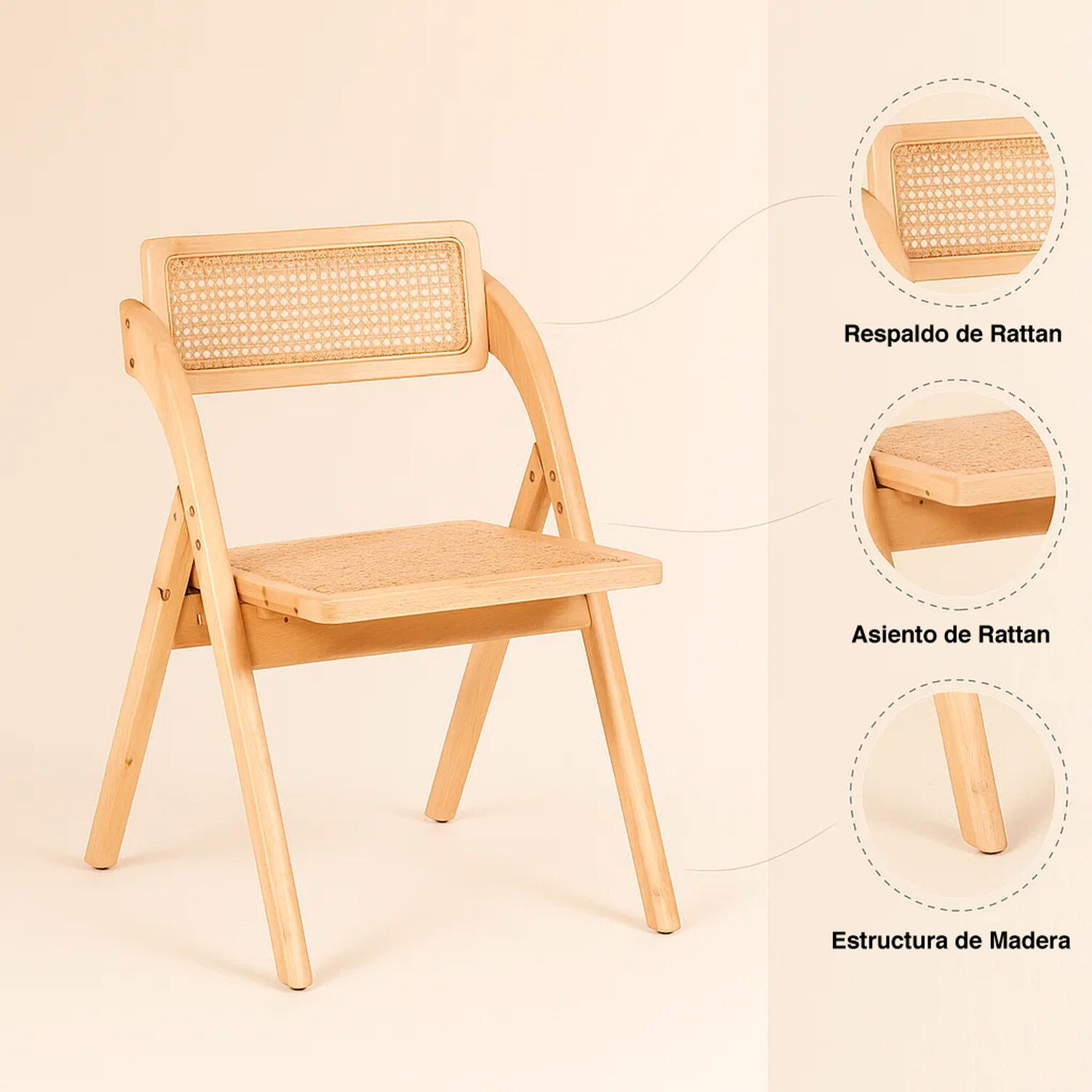 Silla Ambar Plegable De Madera Rattan Natural image number 4.0