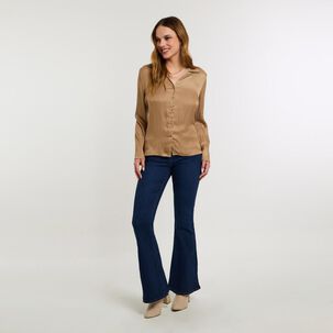 Blusa Abotonada Tipo Camisera Diseño Arrugado Manga Larga Mujer Kimera