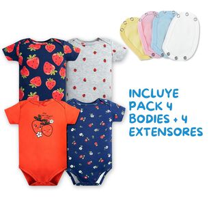 Pack 4 Unidades Extensor Body Beb&eacute; +pack 4 Bodys Algod&oacute;n Ni&ntilde;a Manga Corta Rojo Fresa