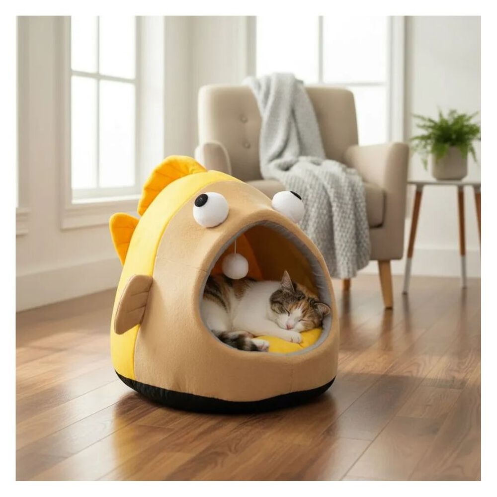 Cama Cueva Igl&uacute; Para Gatos Y Perros Dise&ntilde;o Pez Amarillo Talla M image number 3.0