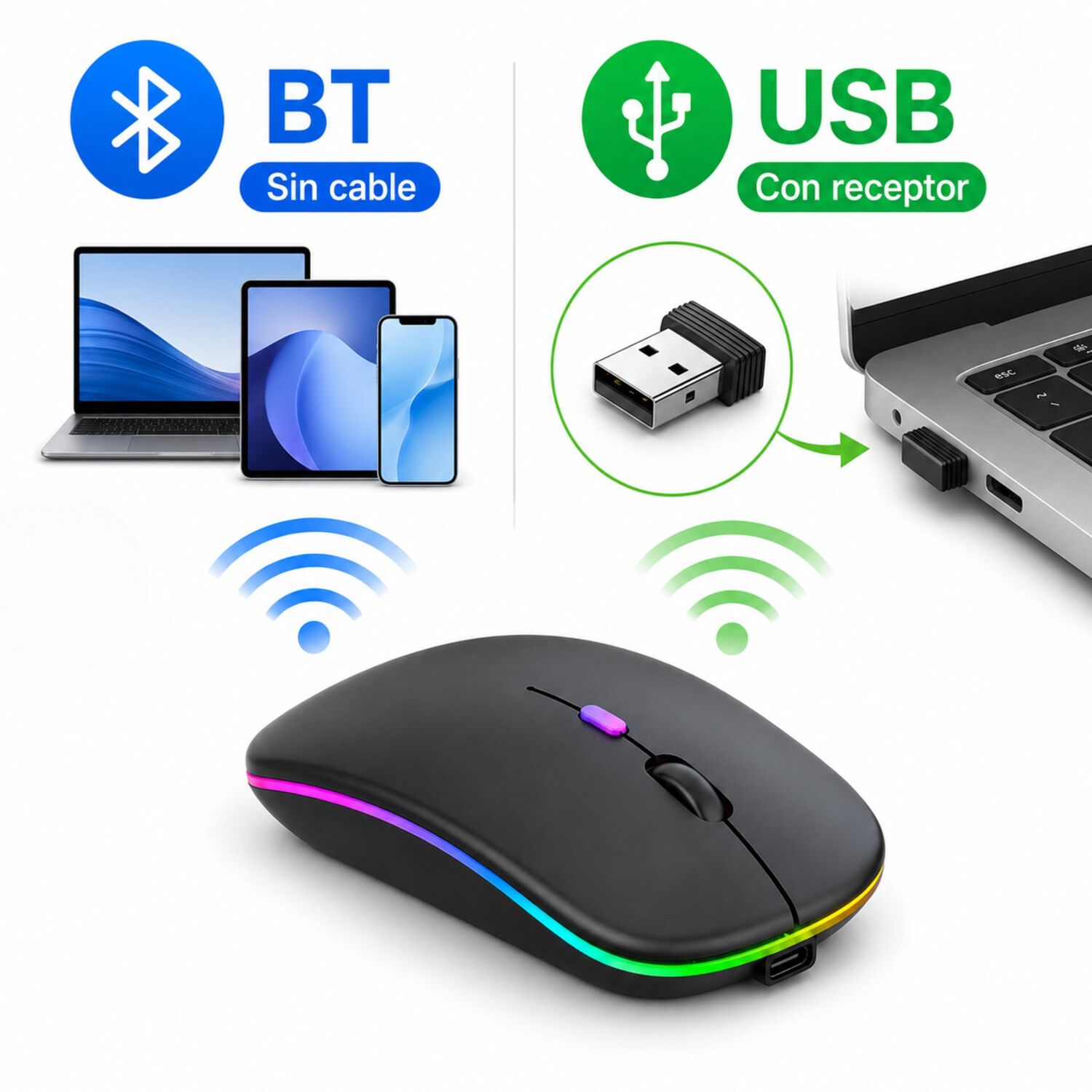 Mouse Inal&aacute;mbrico Dual Bluetooth + Usb 2g Recargable Rgb Bk image number 2.0