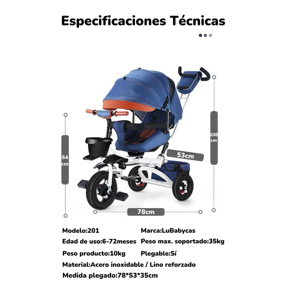 Triciclo Reversible Y Plegable Con Accesorios Azul Lubabycas image number 7.0