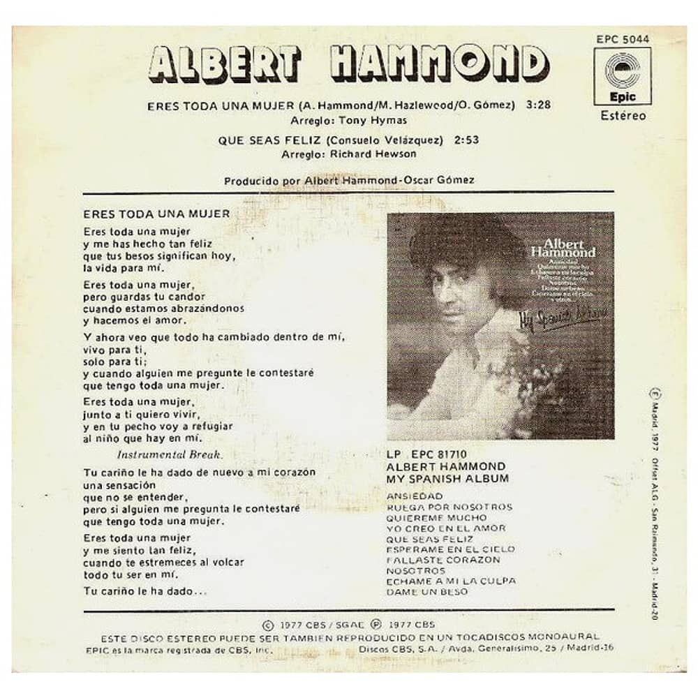 Albert Hammond - Eres Toda Una Mujer | 7" Single Usado image number 1.0