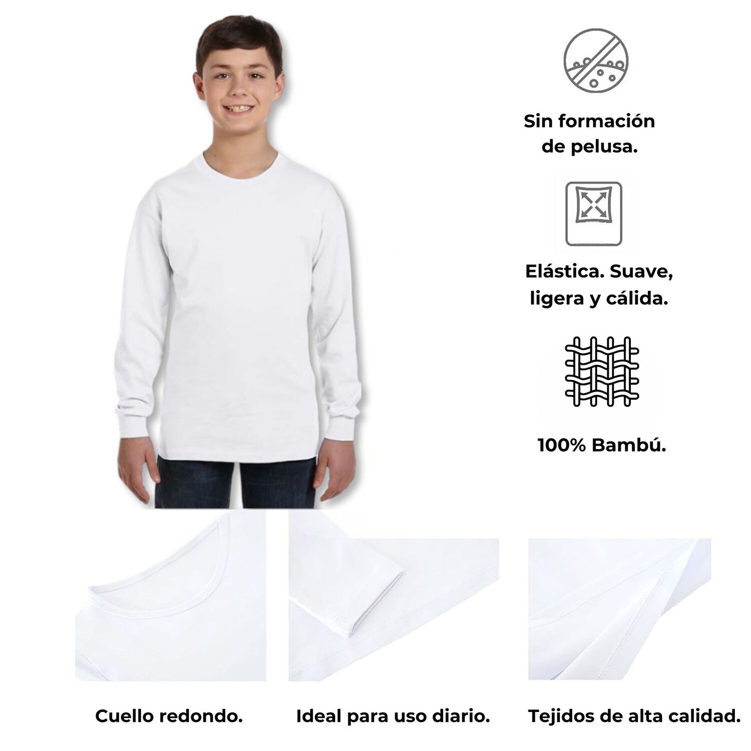 Pack 3 Camisetas Bamb&uacute; Primera Capa Ni&ntilde;o Manga Larga Cuello Redondo image number 6.0