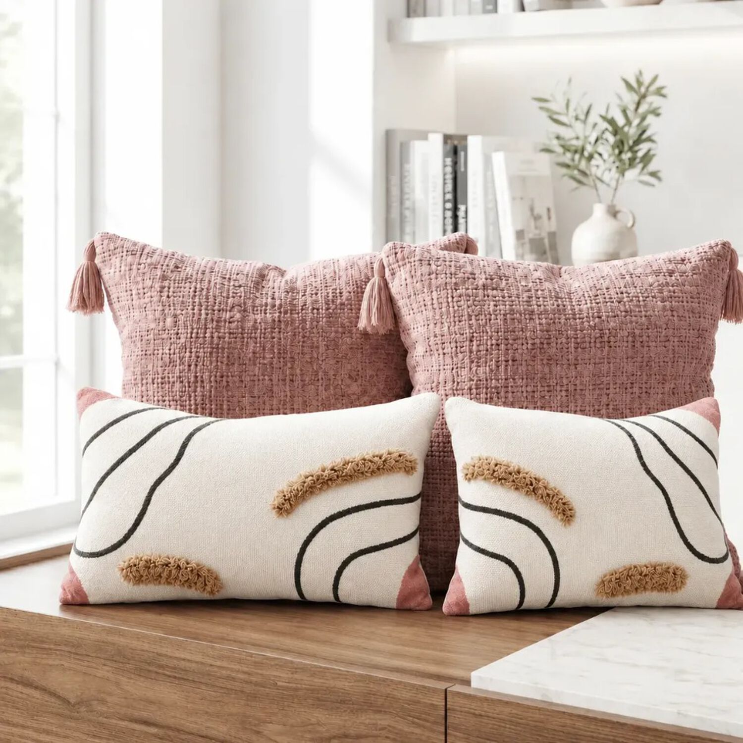 Set De 4 Cojines Decorativos Dunas Ros&eacute; Chenille Y Tejido image number 3.0