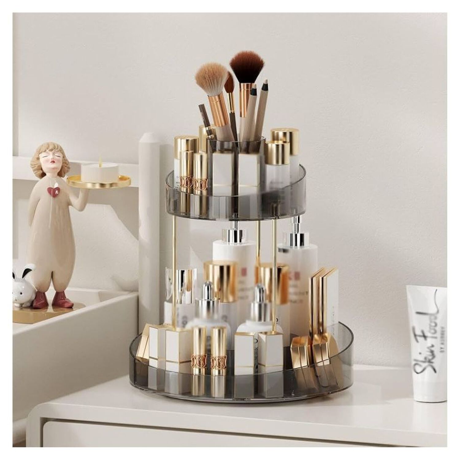 Organizador Maquillaje Giratorio 2 Niveles Rotaci&oacute;n 360 Gris image number 4.0
