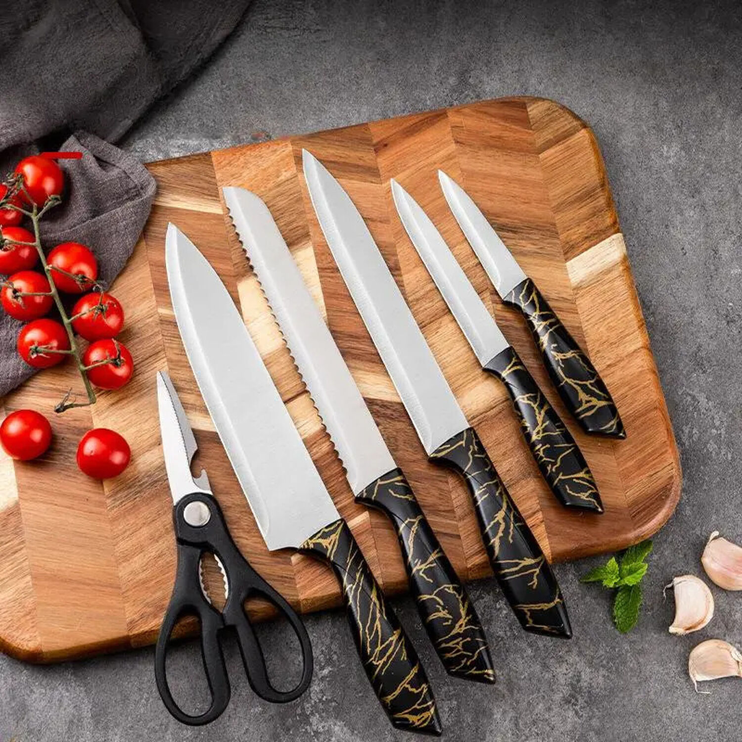 Set Cuchillos De Cocina 7 Piezas Elegance Marble Negro Dorado image number 2.0
