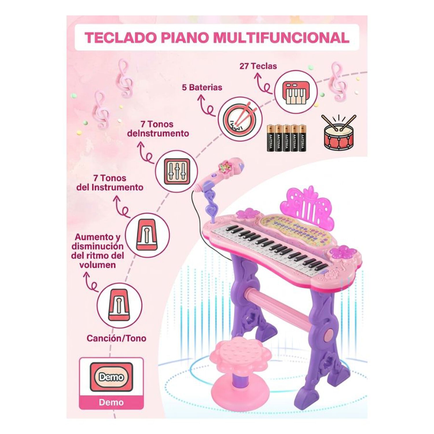 Piano Juguete Musical Infantil Con Silla Y Micr&oacute;fono image number 3.0