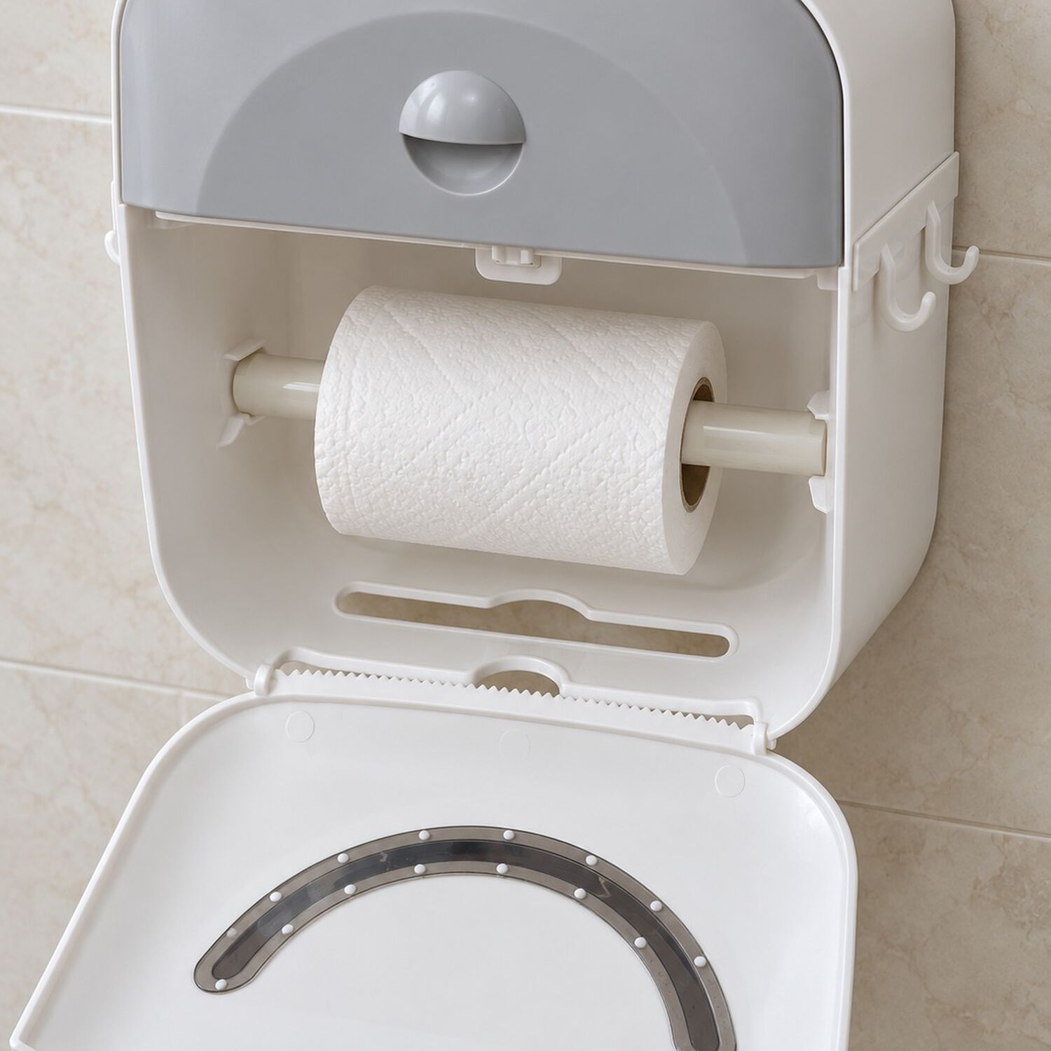 Dispensador Porta Confort Papel Higi&eacute;nico De Pared Con Caj&oacute;n Y Soporte Celular Gris image number 5.0