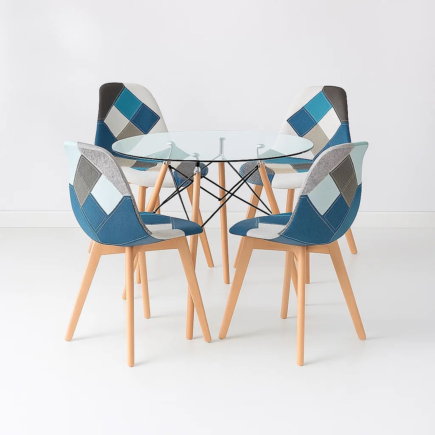 Comedor Mesa Eames Redonda Vidrio 80cm + 4 Sillas Eames Patchwork Tela Wood Celeste image number 0.0