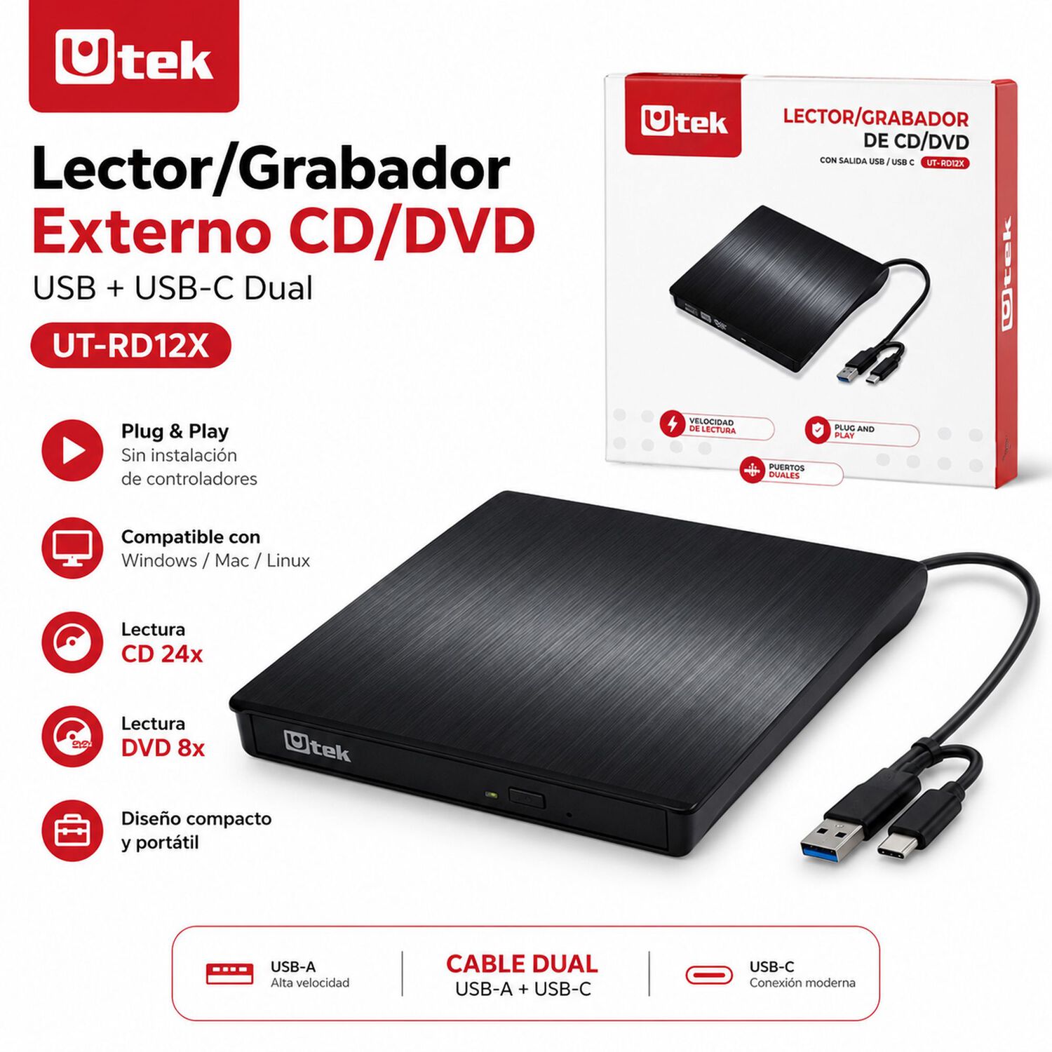 Grabador Y Lector Externo De Cd/dvd Dual Usb / Usb-c Rd12x image number 5.0