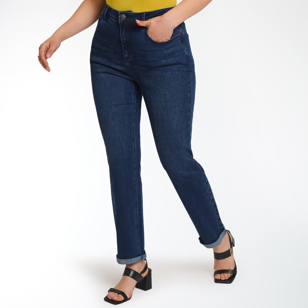 Jeans Con Dobladillo Y Aplicación Strass Delantero Tiro Medio Regular Mujer Sexy Large image number 2.0
