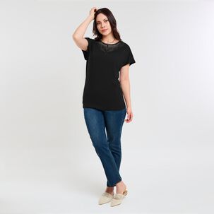 Polera Lisa Manga Corta Cuello Redondo Aplicación Brodery Mujer Sexy Large