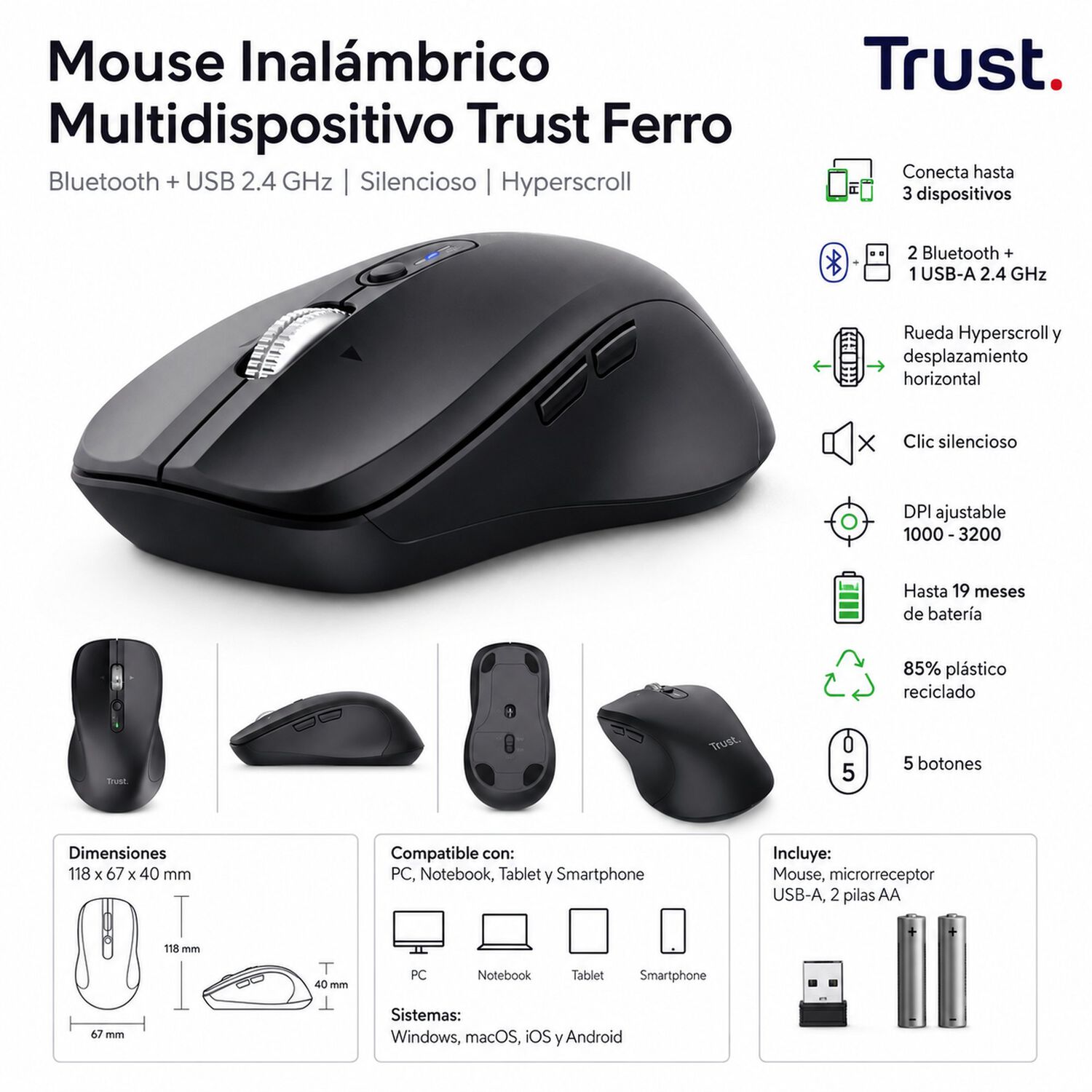Mouse Dual Inal&aacute;mbrico Trust Ferro Hyperscroll Bt + Usb 2g image number 6.0