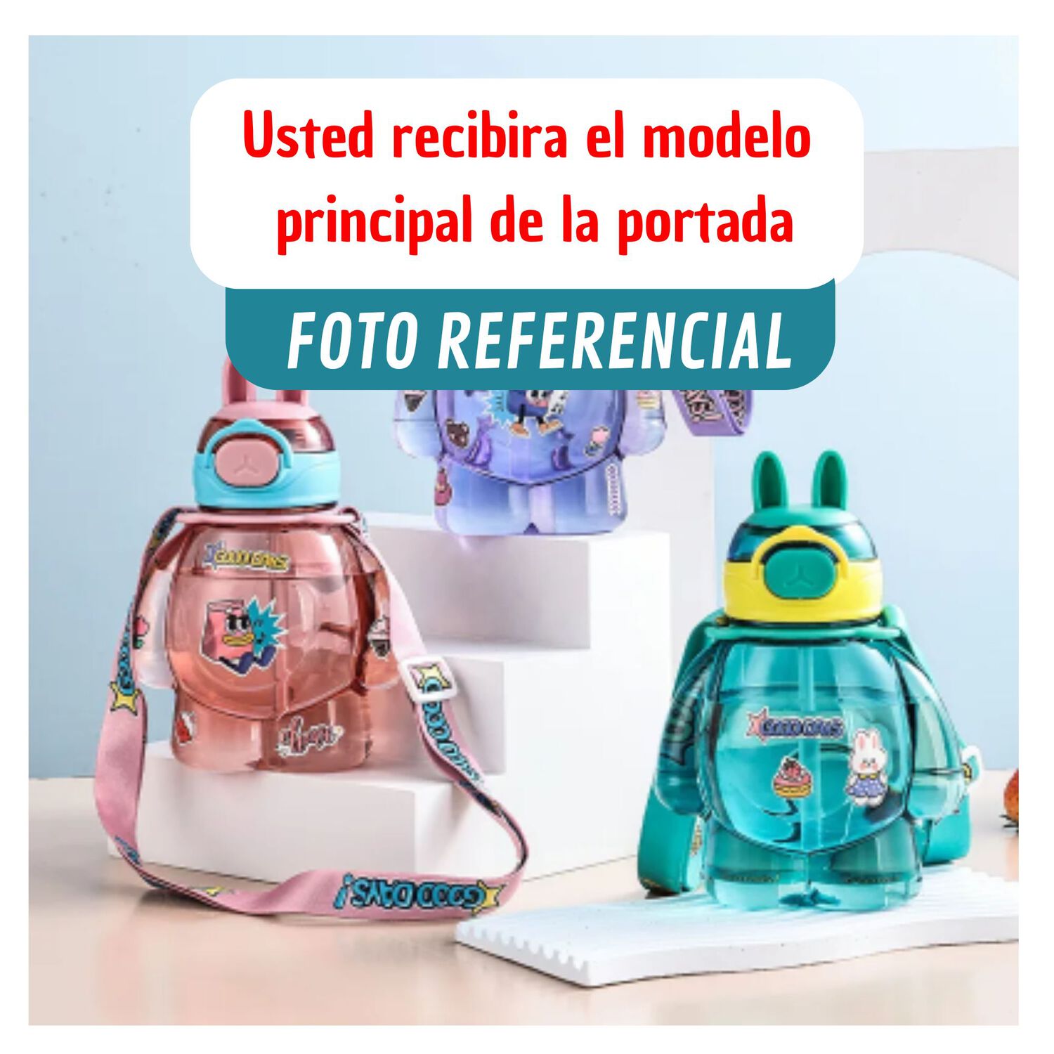 Botella Pl&aacute;stica 650ml Con Correa Y Orejitas Estilo Kawai Sin Bpa Ni&ntilde;os Pink image number 3.0