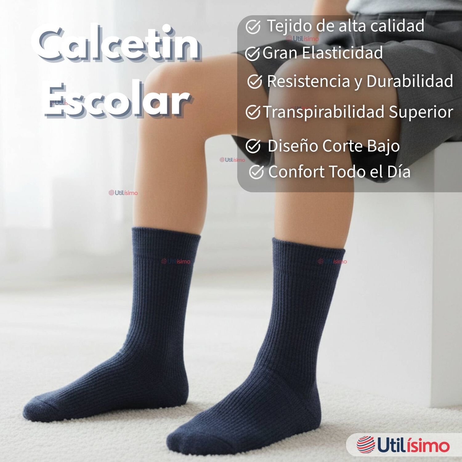 Pack 3 Calcet&iacute;nes Escolares Corto Acr&iacute;lico Azul Ni&ntilde;o Juvenil image number 1.0