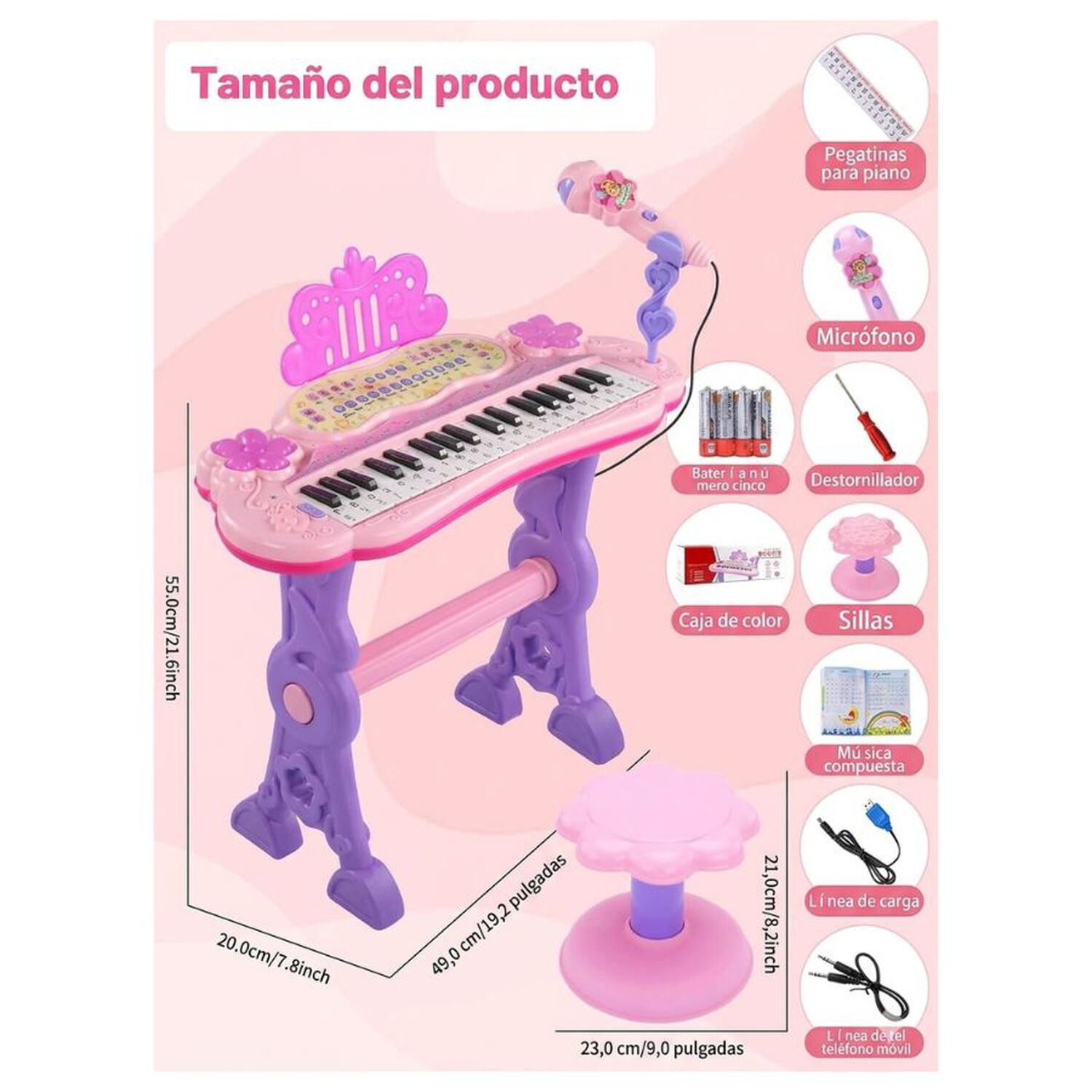 Piano Juguete Musical Infantil Con Silla Y Micr&oacute;fono image number 2.0