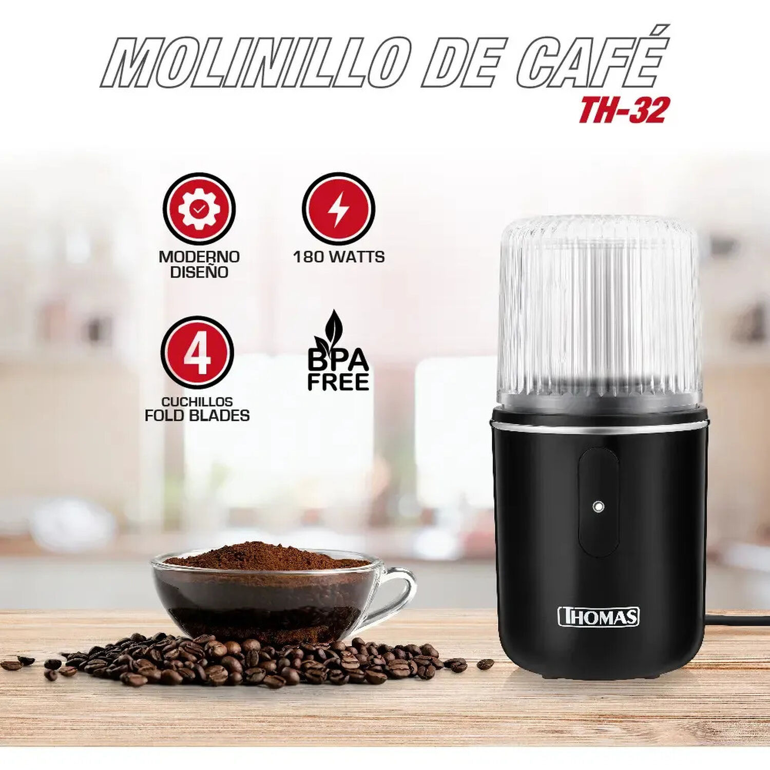 Molinillo De Caf&eacute; El&eacute;ctrico Thomas Th32 180w Moledor Molino De Caf&eacute; Granos Especias Y Frutos Secos Capacidad 55 G Cuchillas 4 Fold Blades Acero Inoxid image number 2.0