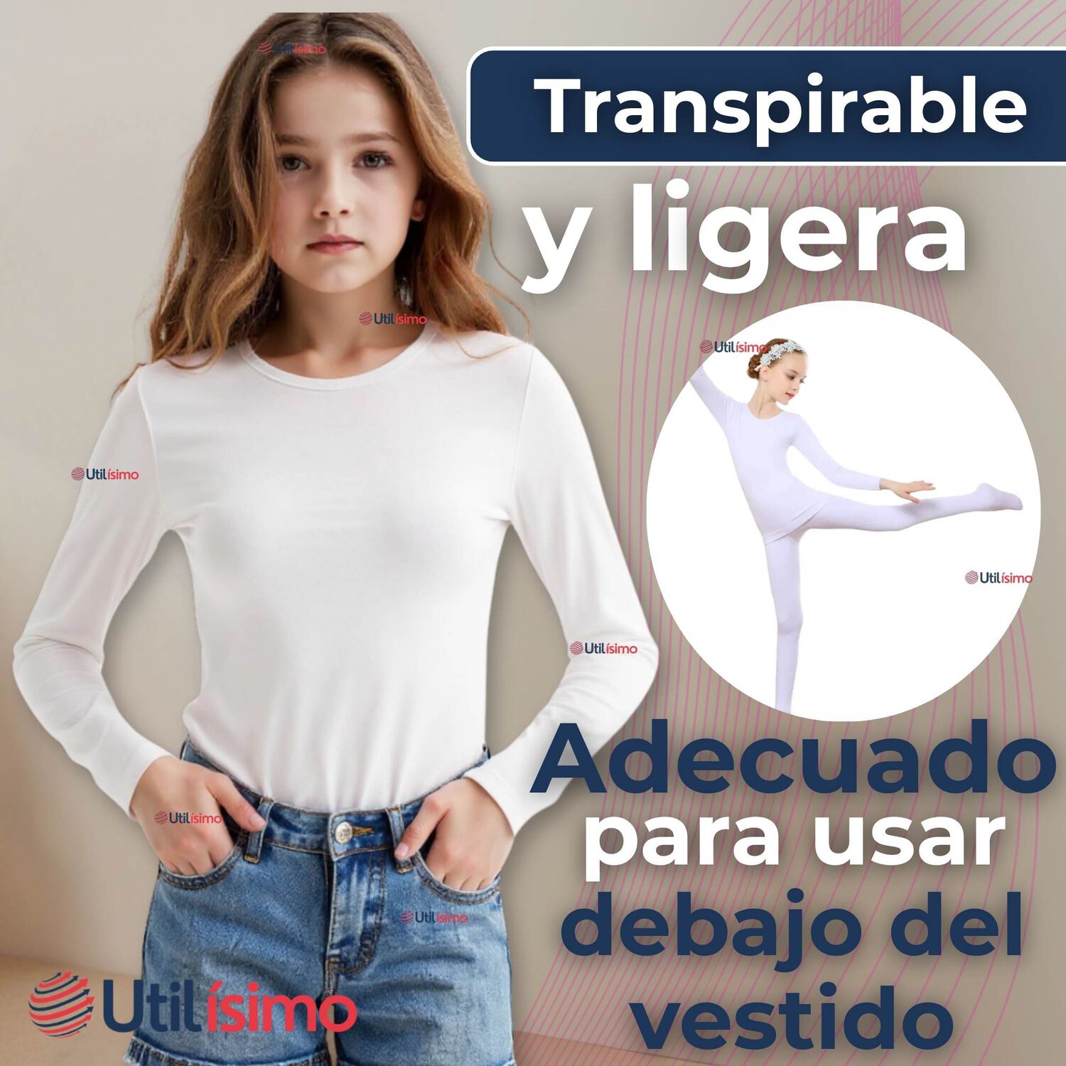 Camiseta De Panty El&aacute;stica Manga Larga Segunda Piel Ni&ntilde;a Nylon Blanco image number 5.0