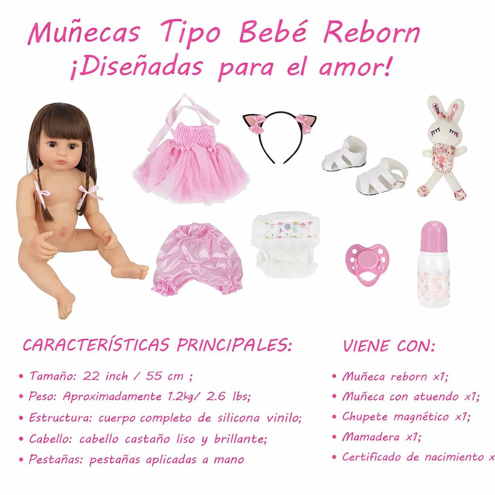 Mu&ntilde;eca Reborn Realista 55cm De Silicona Con Accesorios image number 3.0