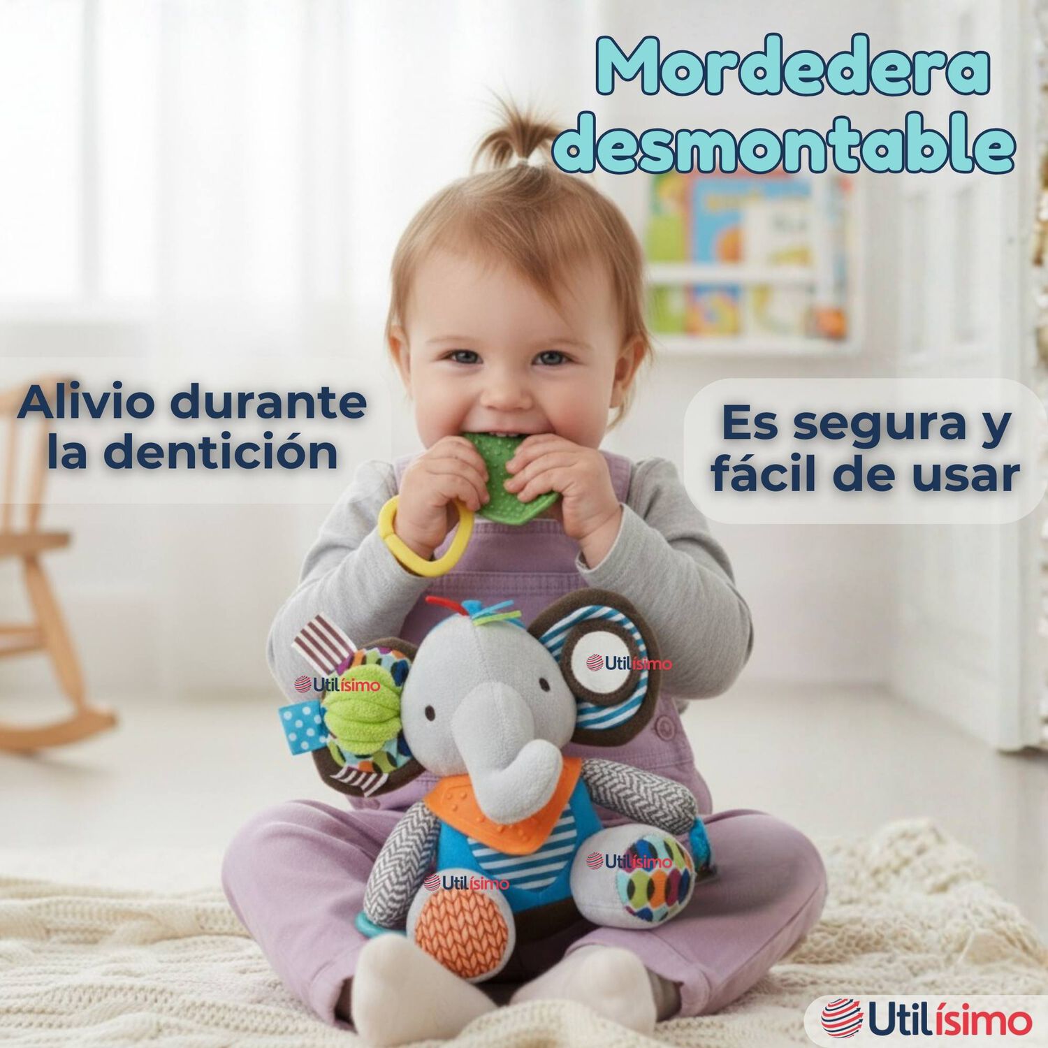 Juguete Peluche Animales Sensorial Con Mordedor Y Sonajero Dise&ntilde;o Elefante Ni&ntilde;a Y Ni&ntilde;o image number 7.0
