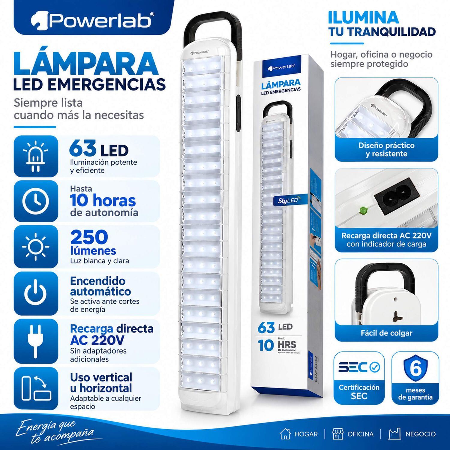 Lampara De Emergencia Recargable De 63 Led 10hr De Autonom&iacute;a image number 7.0