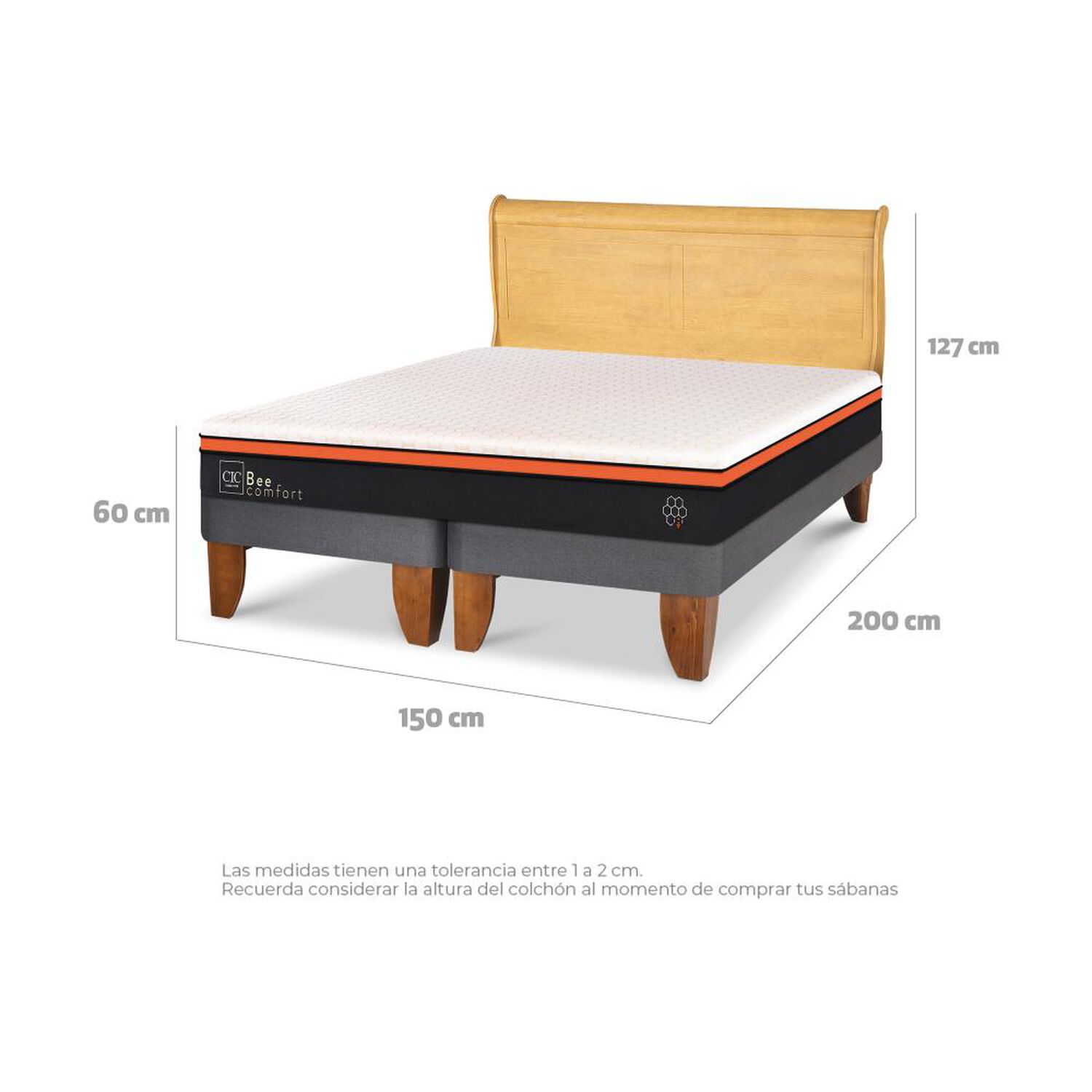 Cama Europea Cic Beecomfort / 2 Plazas / Base Dividida + Respaldo image number 2.0