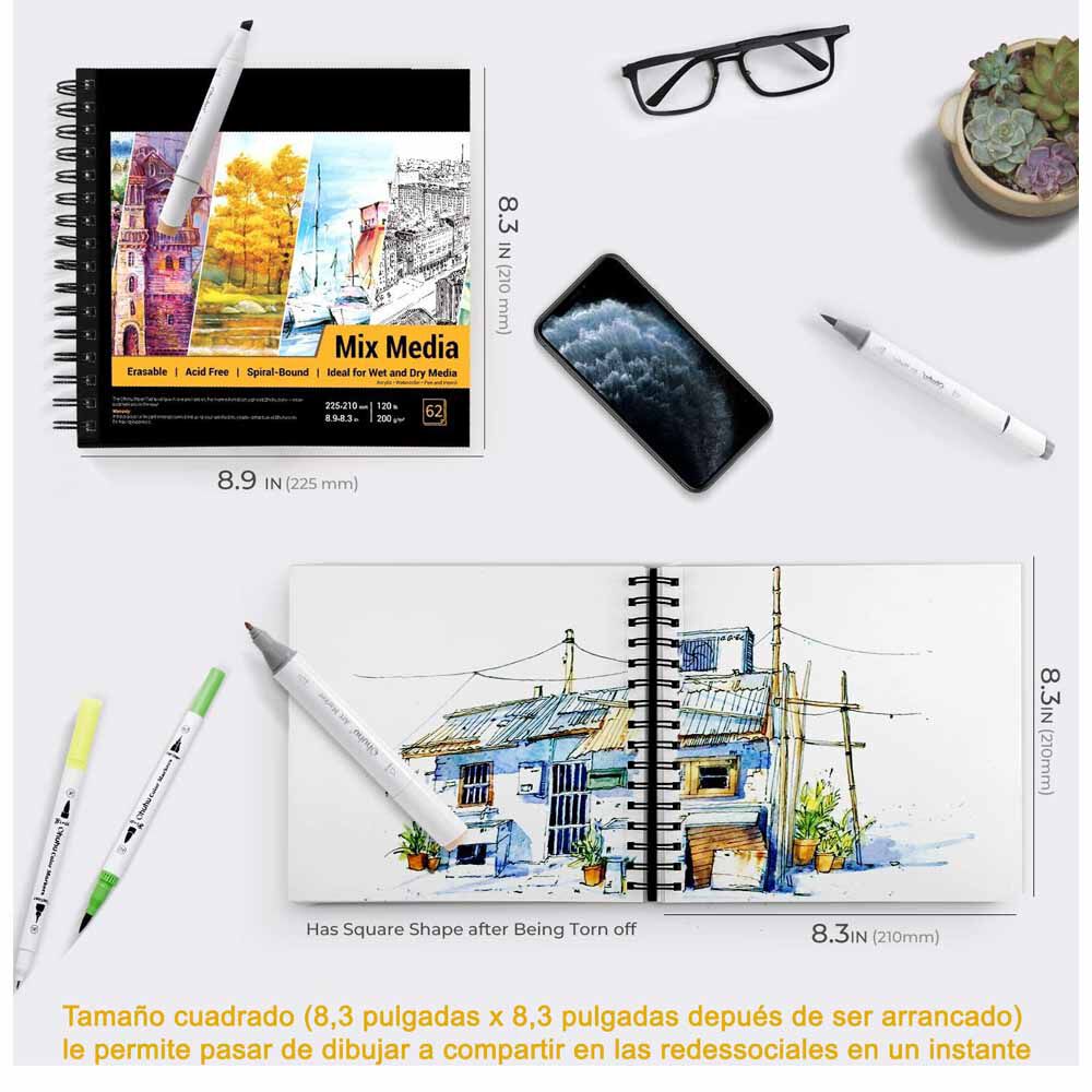 Ohuhu Block Espira (22x21 Cm, 62 Hojas) 120 Lb/200 Gsm image number 2.0