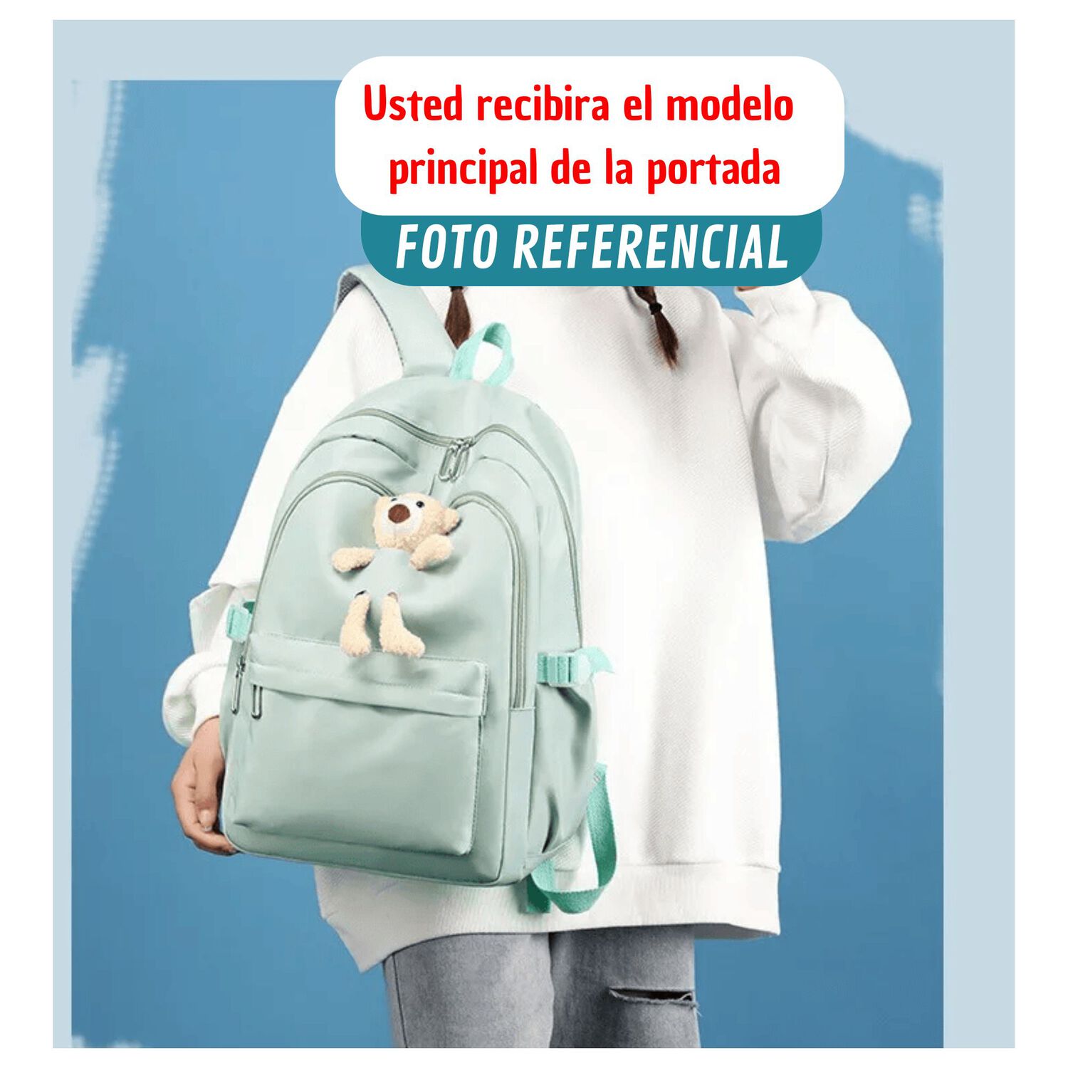 Mochila Escolar Juvenil 46cm Ni&ntilde;as Estilo Kawaii Cute Teddy Light Green image number 3.0