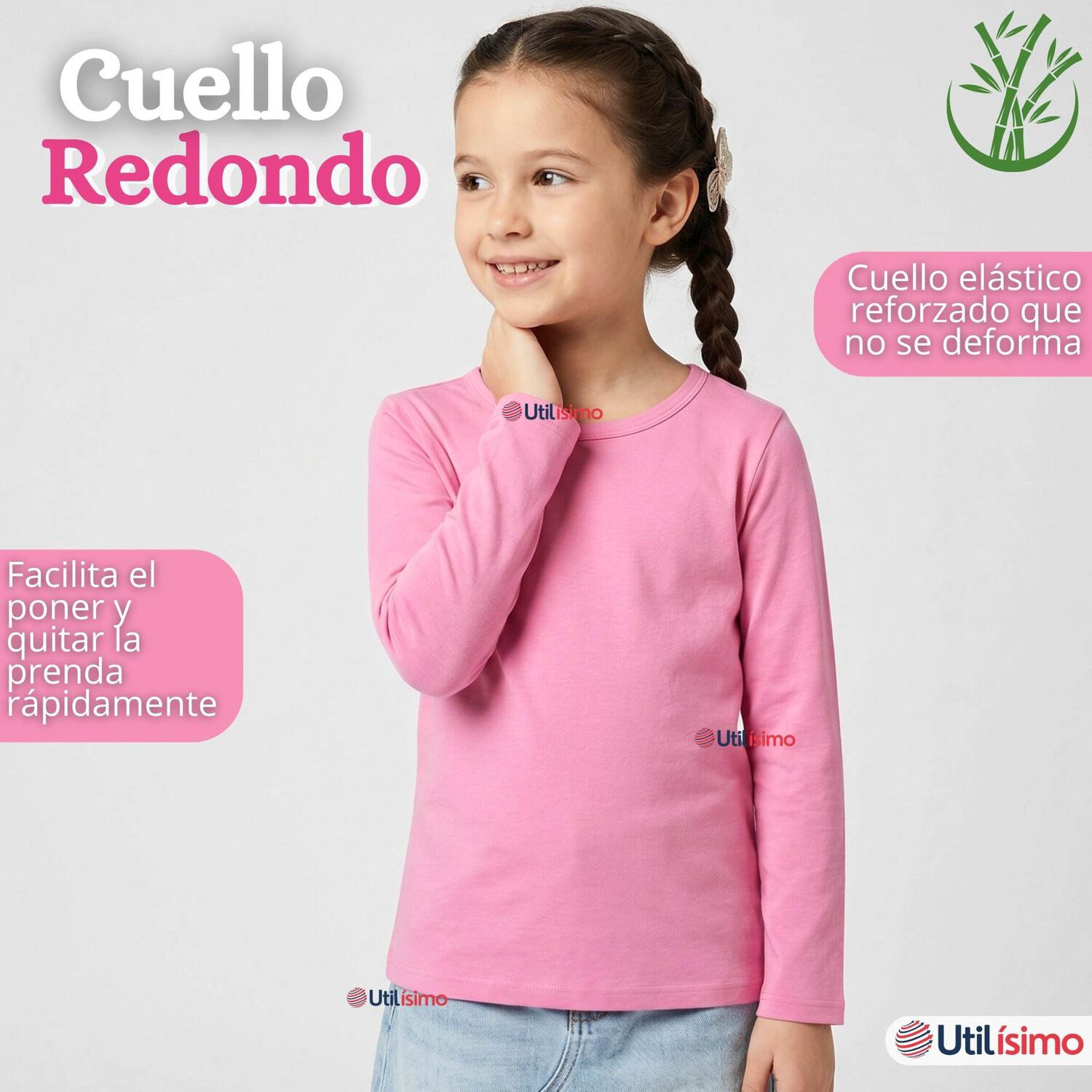 Camiseta Polera Bamb&uacute; Cuello Redondo Rosado Oscuro Primera Capa Manga Larga Ni&ntilde;a image number 7.0