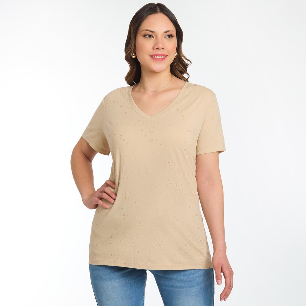 Polera Regular Aplicaci&oacute;n Folia Manga Corta Cuello V Mujer Sexy Large image number 0.0