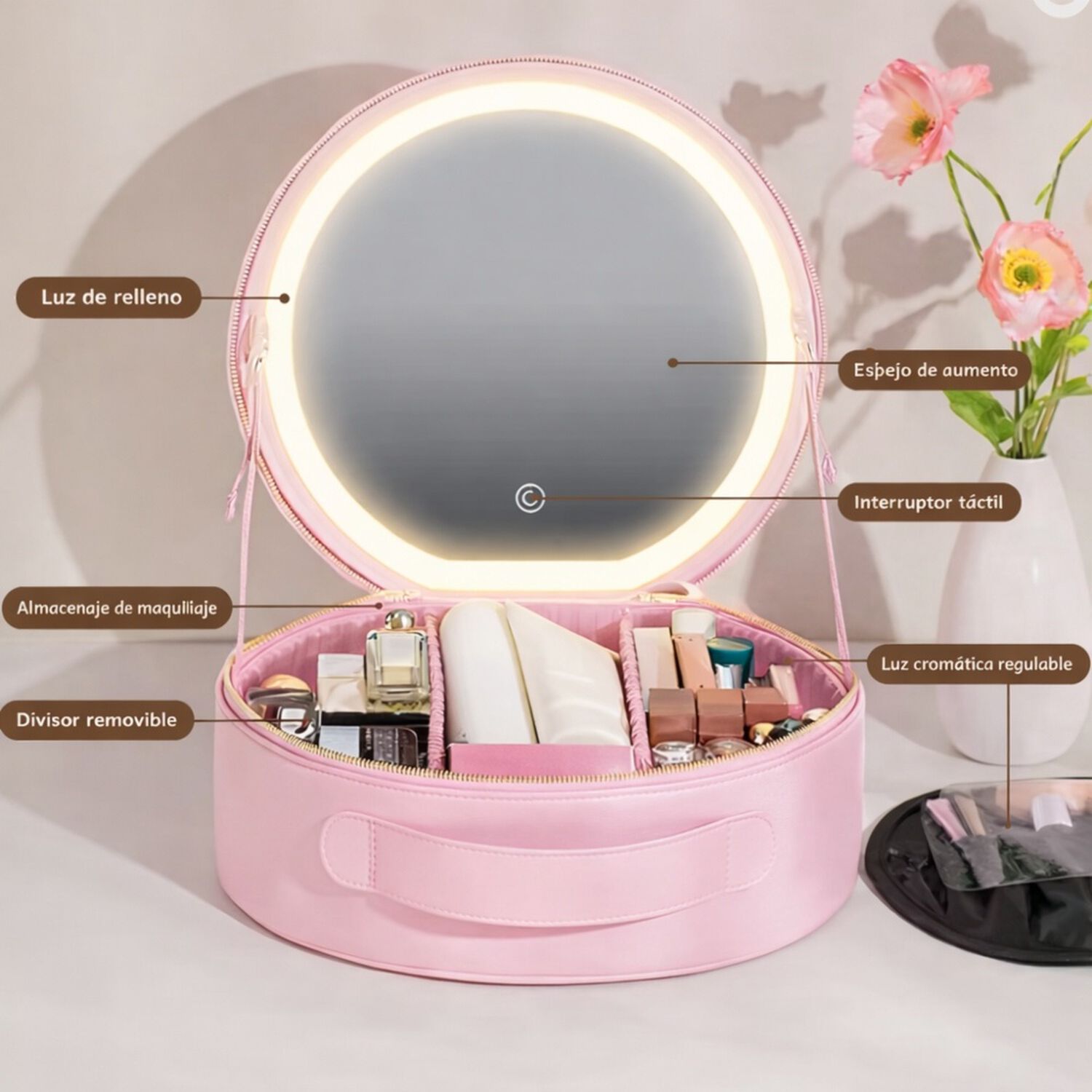 Estuche De Maquillaje Cosmetiquero Espejo Led Porta Brochas image number 14.0