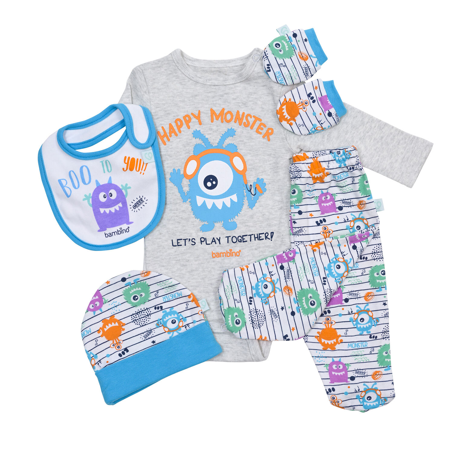 Set 5 Piezas Baby Gift Bambino Creations Monstruos Blanco image number 0.0