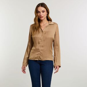 Blusa Abotonada Tipo Camisera Diseño Arrugado Manga Larga Mujer Kimera