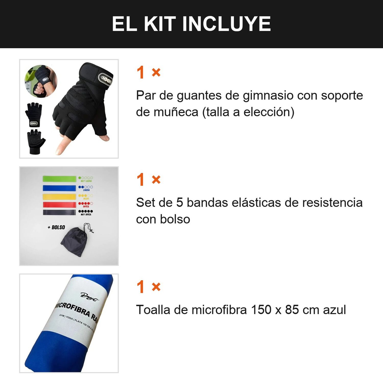 Kit Gym Inicial Guantes + Bandas El&aacute;sticas + Toalla Microfib Negro Xl image number 7.0