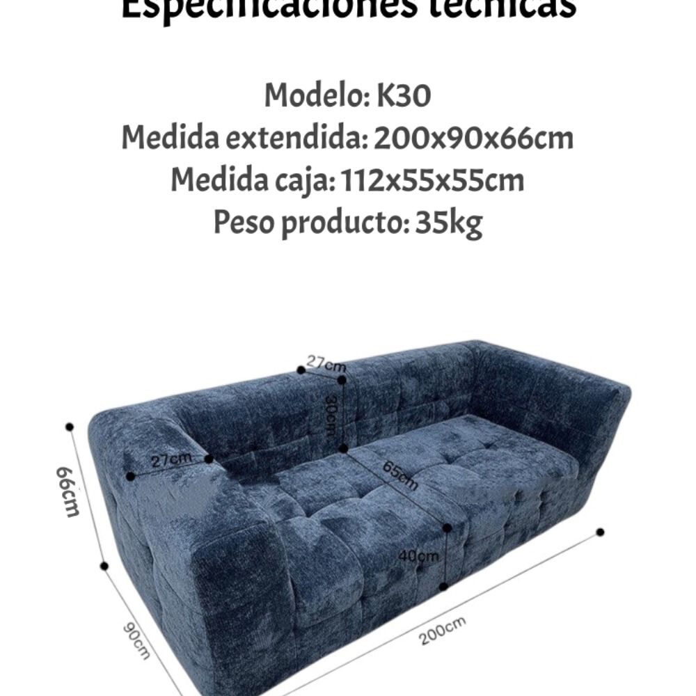 Sofá Comprimido Tela De Pana 200x90cm K30 Azul image number 6.0