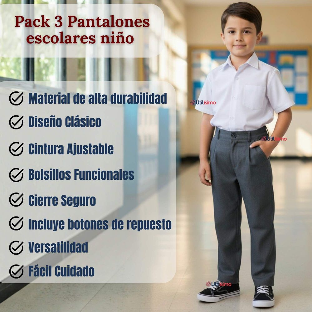 Pak 3 Pantal&oacute;n Escolar Colegio Cl&aacute;sico Gris Ni&ntilde;o Juvenil image number 3.0