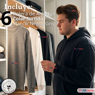 Pack 6 Camisetas Poleras Algod&oacute;n Manga Larga Cuello Redondo Primera Capa Hombre
