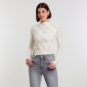 Polera Encaje Manga Larga Cuello Alto Mujer Rolly Go