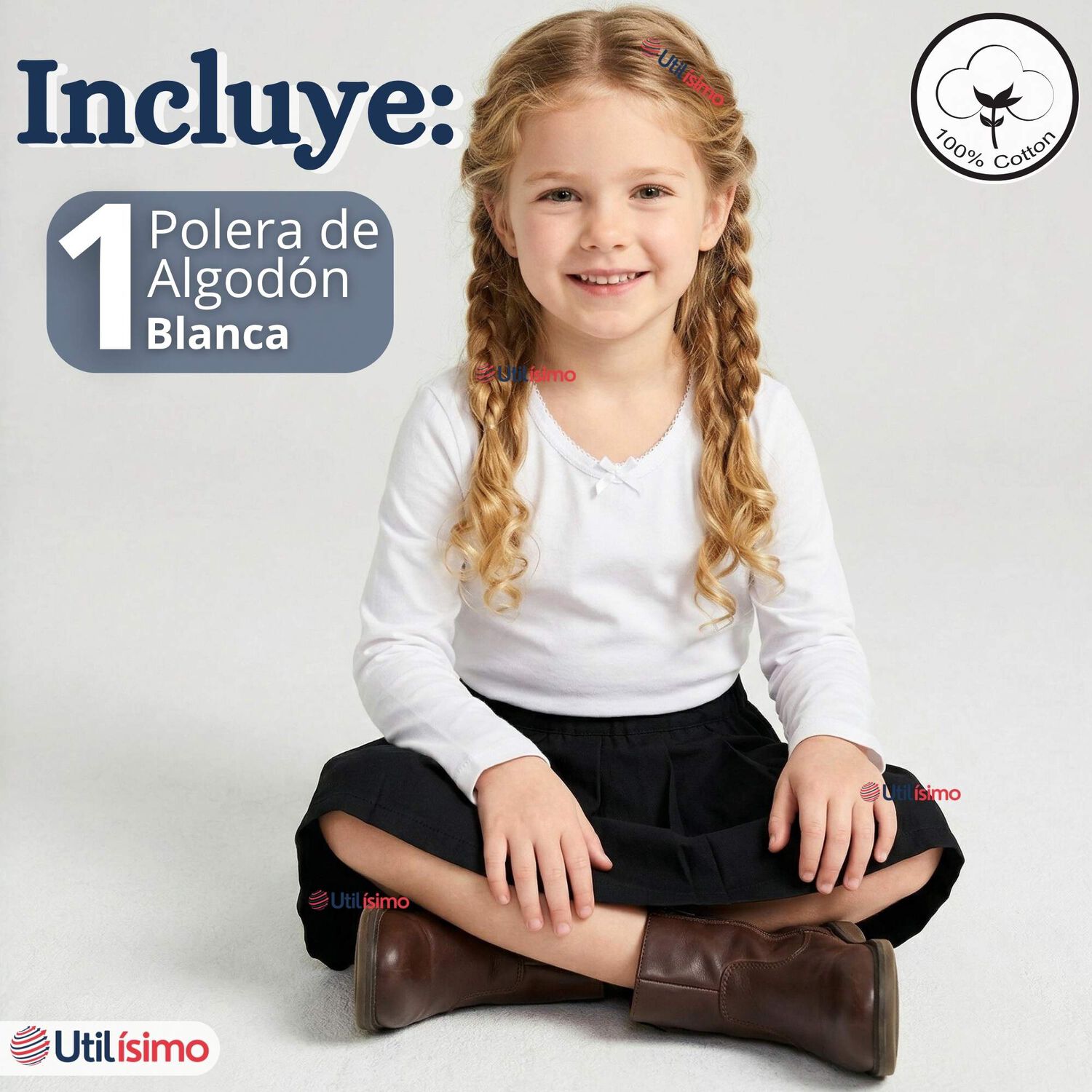 Camiseta Polera Algod&oacute;n Cuello Redondo Blanca Primera Capa Manga Larga Ni&ntilde;a image number 1.0