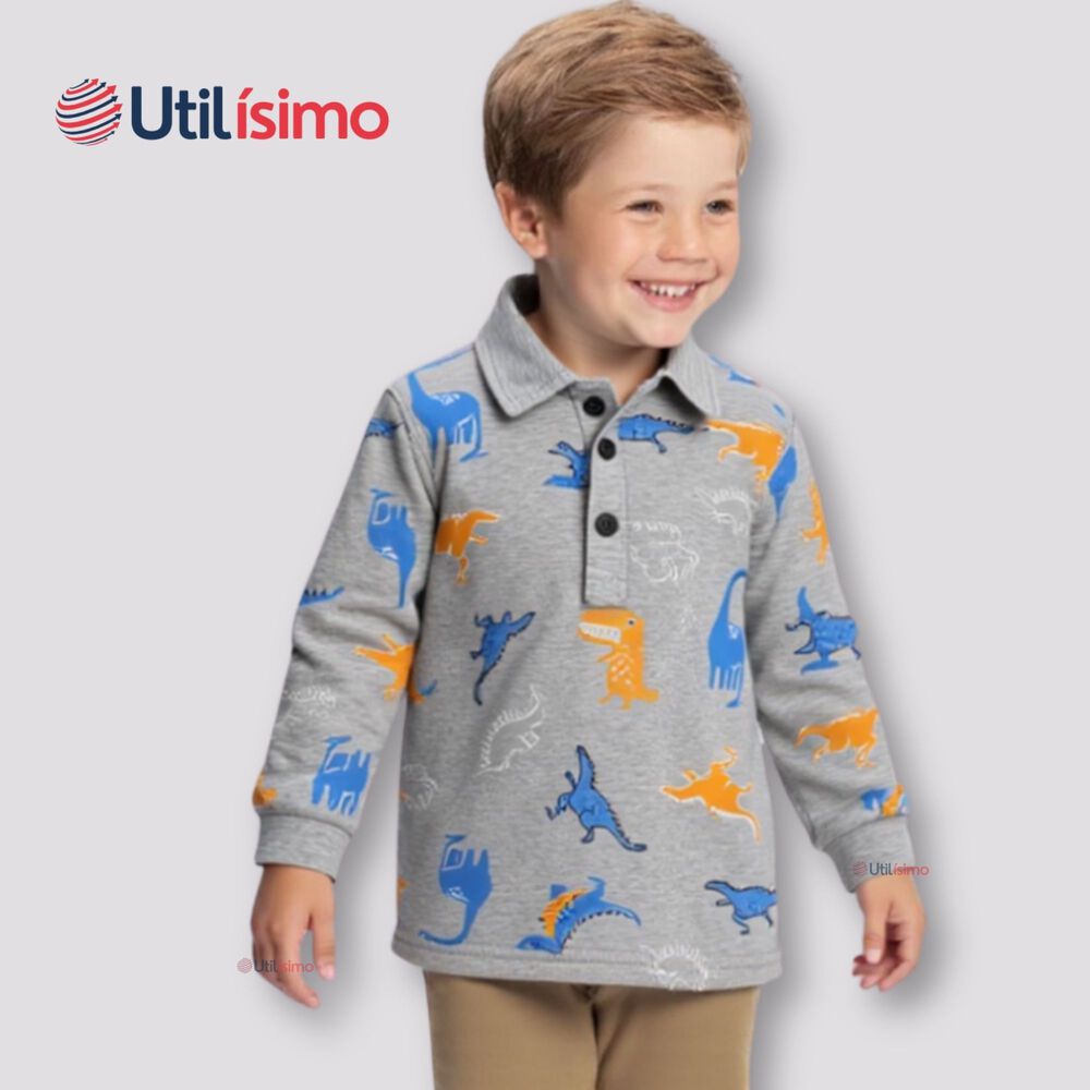 Polera Piqu&eacute; Manga Larga Ni&ntilde;o Con Estampado De Dinosaurios Gris image number 7.0