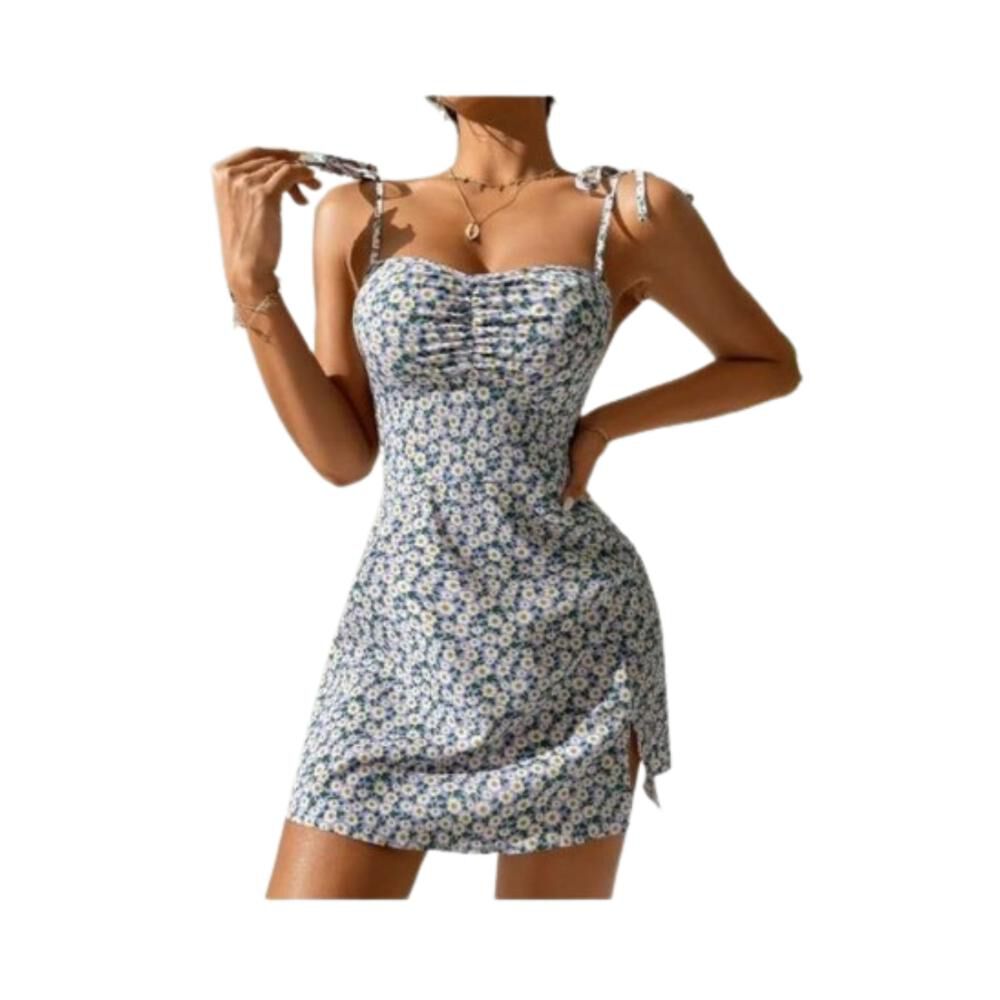 Vestido Tirante Floral Fruncido Cordón Bajo Abertura Juvenil image number 0.0