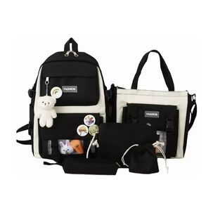 Mochila Escolar Viaje Estilo Coreano 5 Piezas Kit. Negro