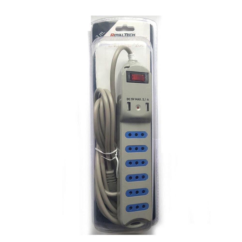 Alargador 3m 6 Tomas + 2 Usb Gris Royaltech image number 0.0