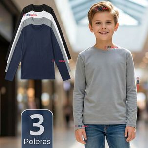 Pack 3 Poleras Camisetas Polar Primera Capa Cuello Redondo Manga Larga Colores Surtido Ni&ntilde;o