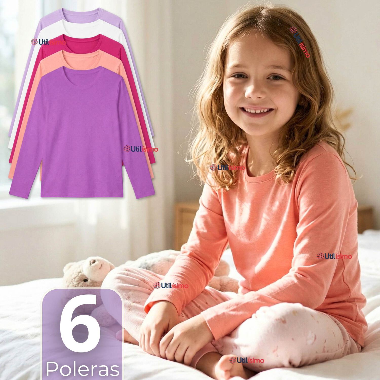Pack 6 Poleras Camisetas Polar Primera Capa Cuello Redondo Manga Larga Colores Surtido Ni&ntilde;a image number 0.0