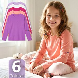 Pack 6 Poleras Camisetas Polar Primera Capa Cuello Redondo Manga Larga Colores Surtido Ni&ntilde;a