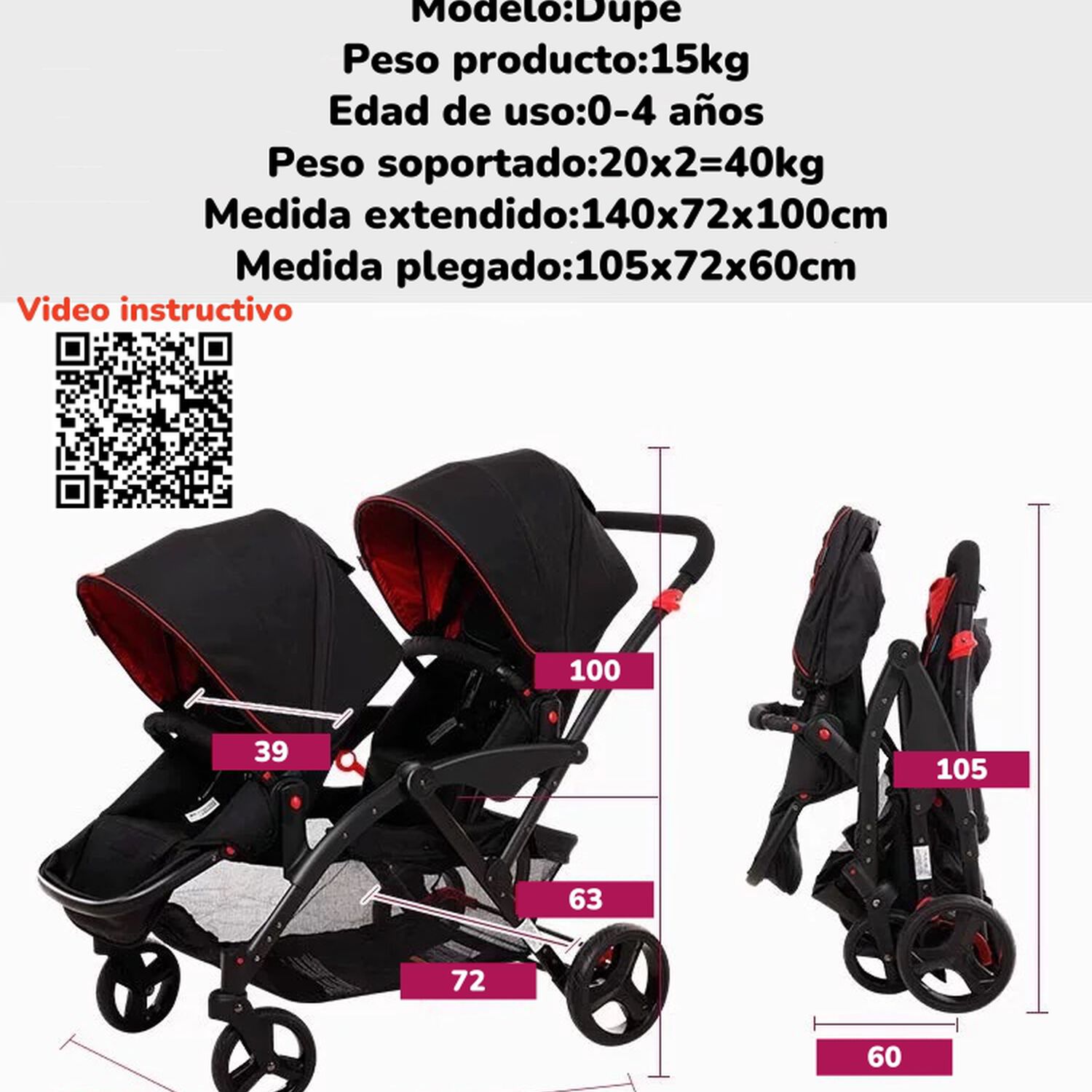 Coche Doble Duo Reclinable 9 Modos En 1 Lubabycas Negro image number 4.0